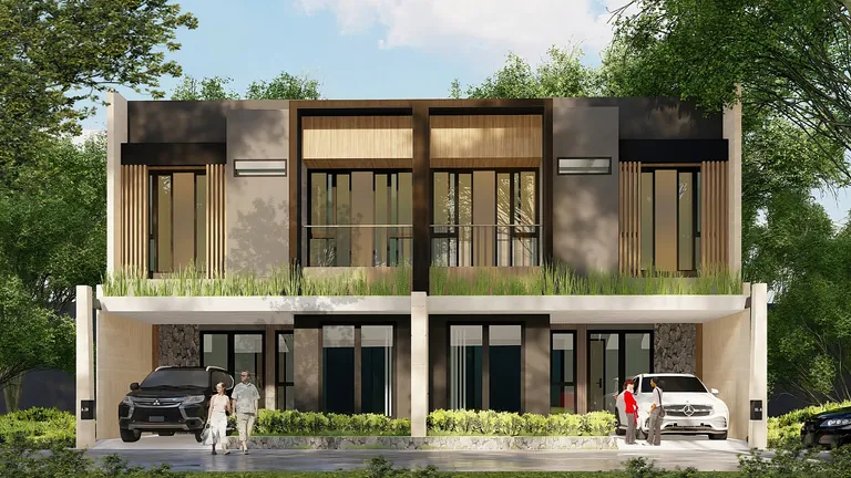 Render fasad Tipe 106 dengan bingkai fasad gelap dan panel kayu