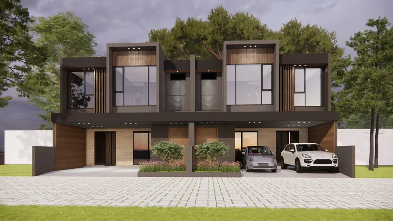Render fasad Tipe 86, rumah dua lantai berdampingan dengan aksen kayu