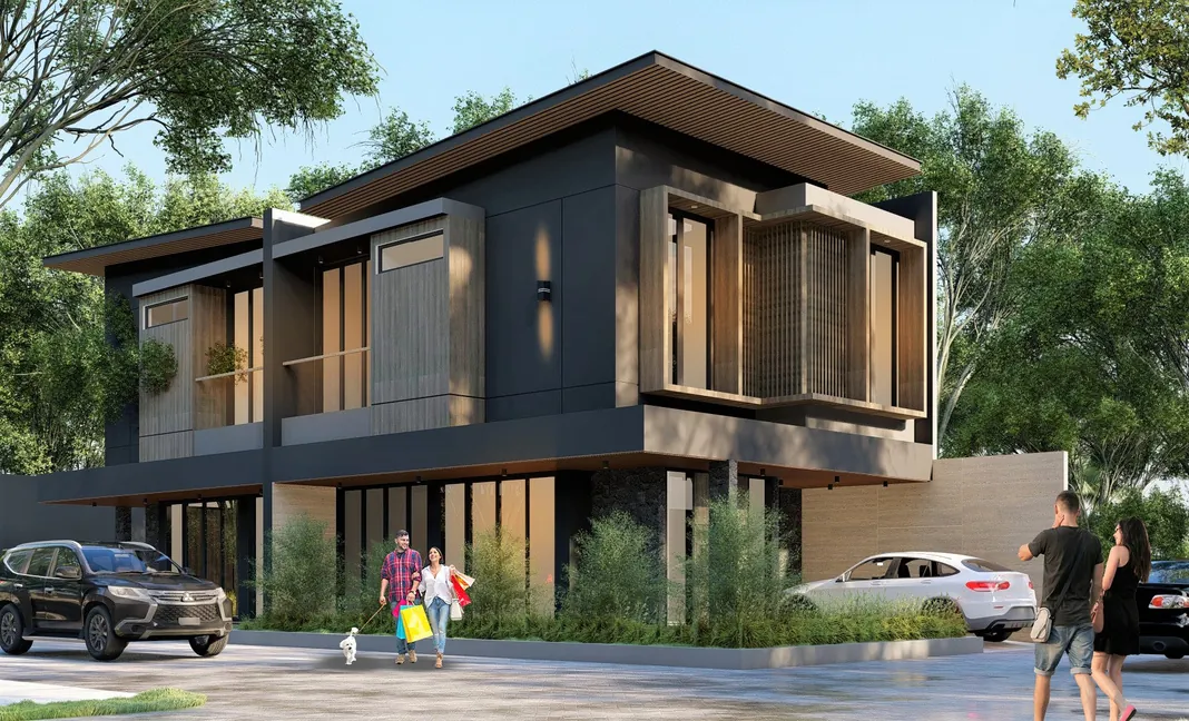 Render Tipe Hook di sudut jalan dengan fasad abu gelap dan kisi kayu vertikal