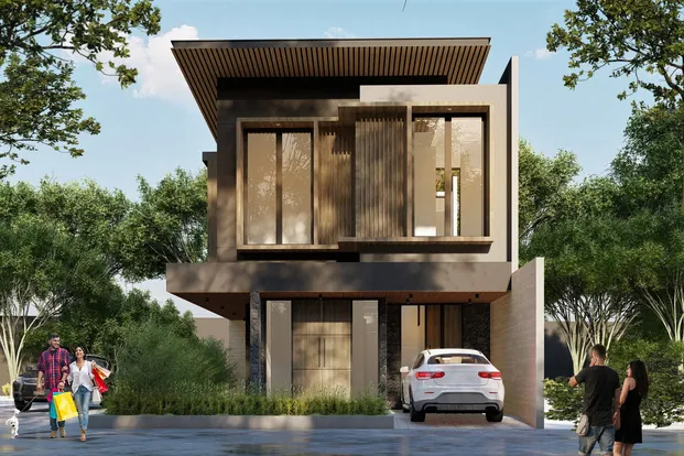 Render tampak depan Tipe Hook dengan bingkai fasad kayu